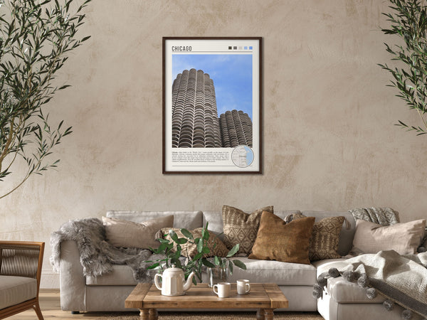 Descriptive Minimalist Marina City Poster in Dark Wooden Frame displayed in a cozy living room with a beige sofa.