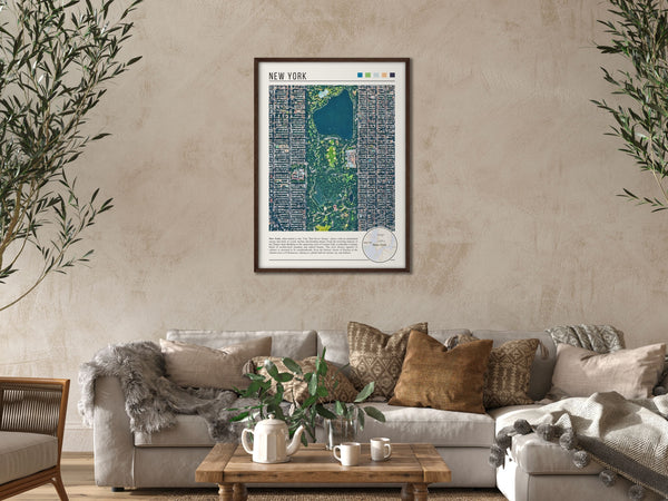 Descriptive Minimalist New York Poster in Dark Wooden Frame displayed in a cozy living room with a beige sofa.