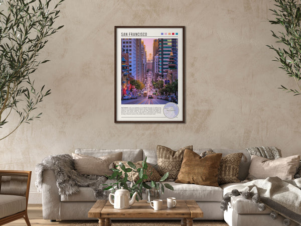 Descriptive Minimalist San Francisco Poster in Dark Wooden Frame displayed in a cozy living room with a beige sofa.