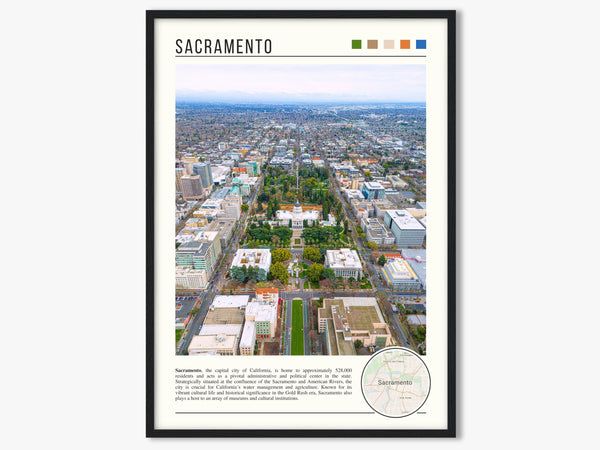 Descriptive Minimalist Sacramento Poster in Black Frame displayed in a living room with a gray armchair.