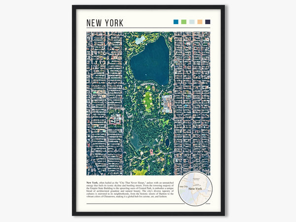 Descriptive Minimalist New York Poster in Black Frame displayed in a living room with a gray armchair.