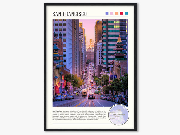 Descriptive Minimalist San Francisco Poster in Black Frame displayed in a living room with a gray armchair.