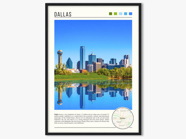 Descriptive Minimalist Dallas Poster in Black Frame displayed in a living room with a gray armchair.