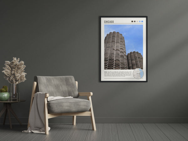 Descriptive Minimalist Marina City Poster in Black Frame