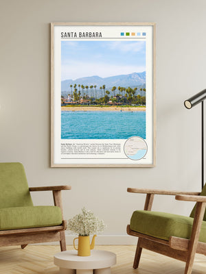 Descriptive Minimalist Santa Barbara Poster in Wooden Frame displayed in a living room with green chairs.