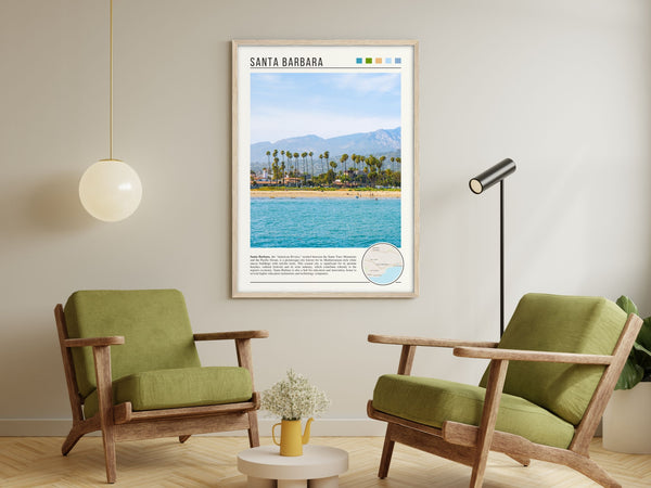 Descriptive Minimalist Santa Barbara Poster in Wooden Frame displayed in a living room with green chairs.