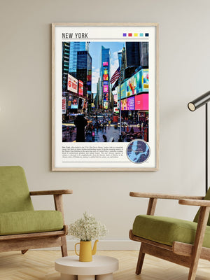 Descriptive Minimalist New York Poster in Wooden Frame displayed in a living room with green chairs.