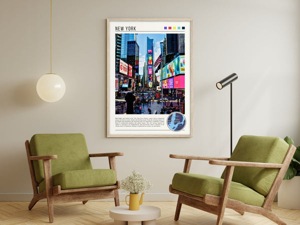 Descriptive Minimalist New York Poster in Wooden Frame displayed in a living room with green chairs.