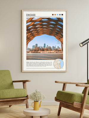 Descriptive Minimalist Chicago Poster in Wooden Frame displayed in a living room with green chairs.