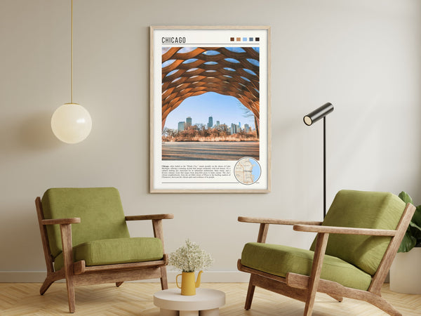 Descriptive Minimalist Chicago Poster in Wooden Frame displayed in a living room with green chairs.