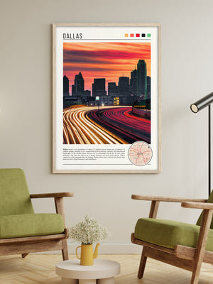 Descriptive Minimalist Dallas Poster in Wooden Frame displayed in a living room with green chairs.