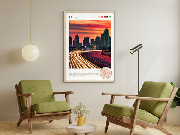 Descriptive Minimalist Dallas Poster in Wooden Frame displayed in a living room with green chairs.