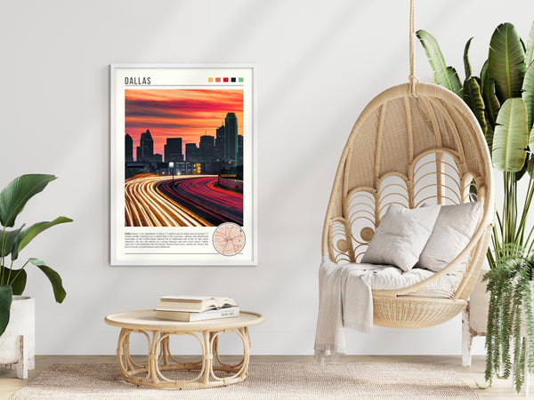 Descriptive Minimalist Dallas Poster in White Frame displayed in a modern living room with a wicker chair.