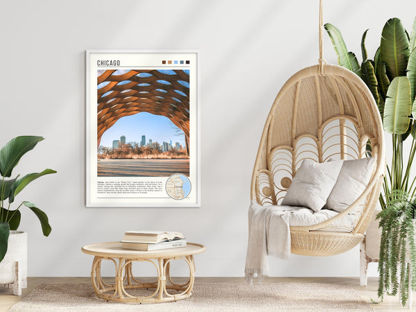 Descriptive Minimalist Chicago Poster in White Frame displayed in a modern living room with a wicker chair.