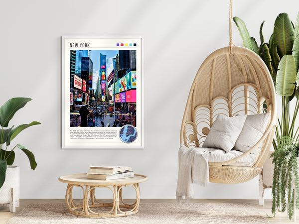 Descriptive Minimalist New York Poster in White Frame displayed in a modern living room with a wicker chair.