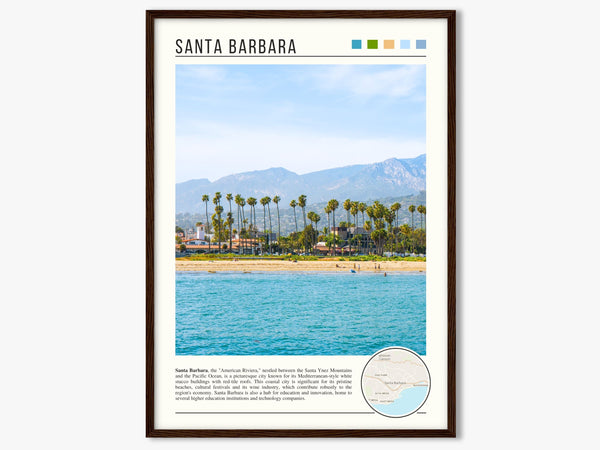 Descriptive Minimalist Santa Barbara Poster in Dark Wooden Frame