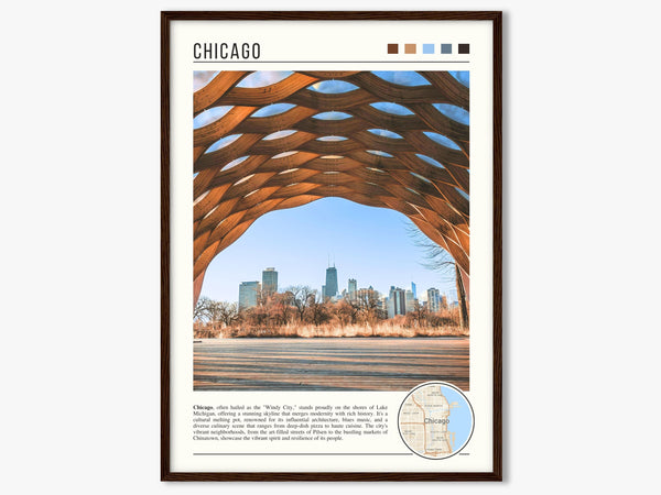 Descriptive Minimalist Chicago Poster in Dark Wooden Frame