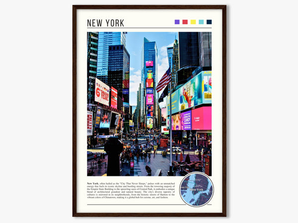 Descriptive Minimalist New York Poster in Dark Wooden Frame