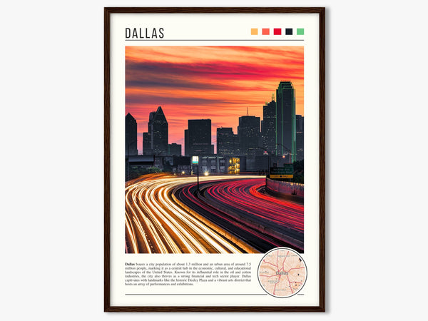 Descriptive Minimalist Dallas Poster in Dark Wooden Frame