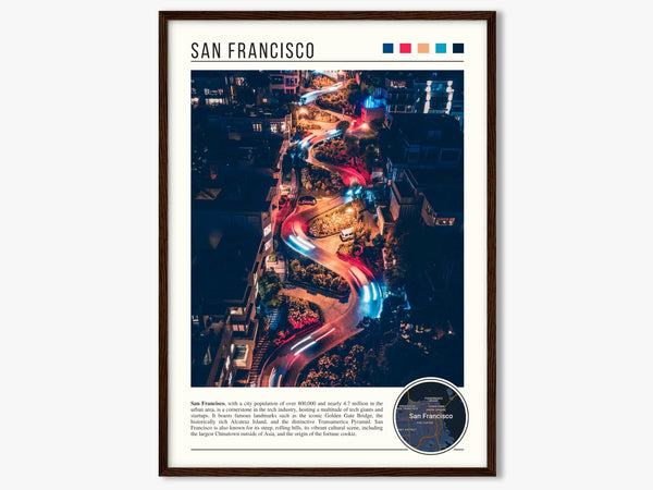 Descriptive Minimalist San Francisco Poster in Dark Wooden Frame