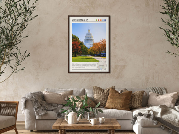 Descriptive Minimalist Washington Poster in Dark Wooden Frame displayed in a cozy living room with a beige sofa.