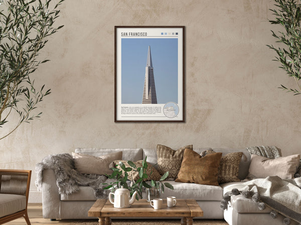 Descriptive Minimalist San Francisco Poster in Dark Wooden Frame displayed in a cozy living room with a beige sofa.