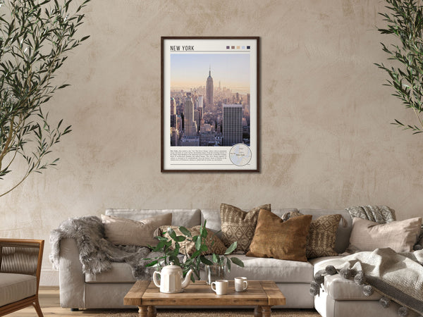 Descriptive Minimalist New York Poster in Dark Wooden Frame displayed in a cozy living room with a beige sofa.