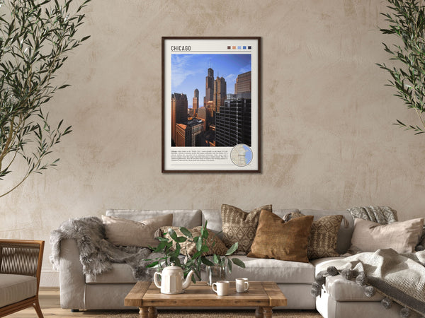 Descriptive Minimalist Chicago Poster in Dark Wooden Frame displayed in a cozy living room with a beige sofa.