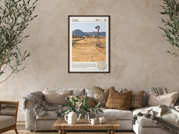 Descriptive Minimalist Texas Poster in Dark Wooden Frame displayed in a cozy living room with a beige sofa.