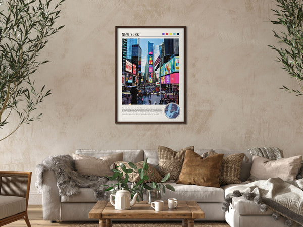 Descriptive Minimalist New York Poster in Dark Wooden Frame displayed in a cozy living room with a beige sofa.