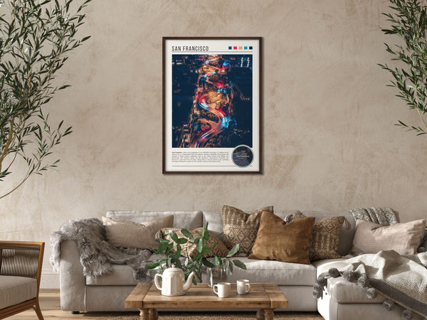 Descriptive Minimalist San Francisco Poster in Dark Wooden Frame displayed in a cozy living room with a beige sofa.