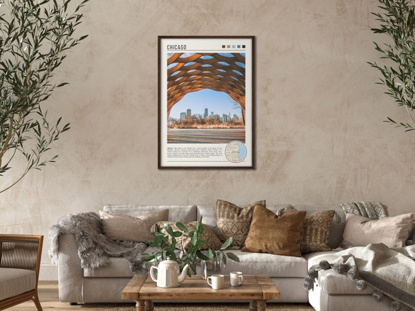 Descriptive Minimalist Chicago Poster in Dark Wooden Frame displayed in a cozy living room with a beige sofa.