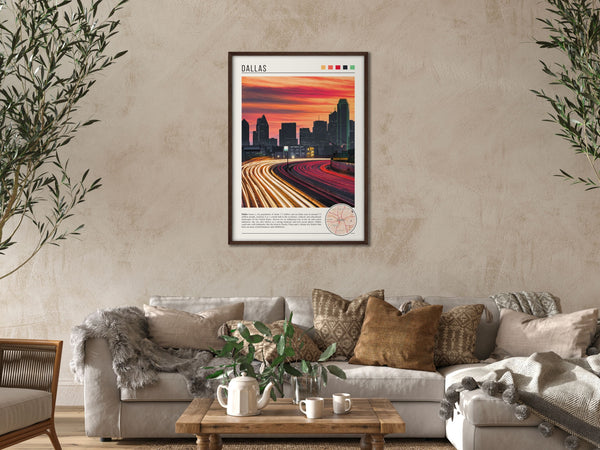 Descriptive Minimalist Dallas Poster in Dark Wooden Frame displayed in a cozy living room with a beige sofa.