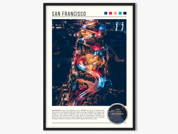 Descriptive Minimalist San Francisco Poster in Black Frame displayed in a living room with a gray armchair.