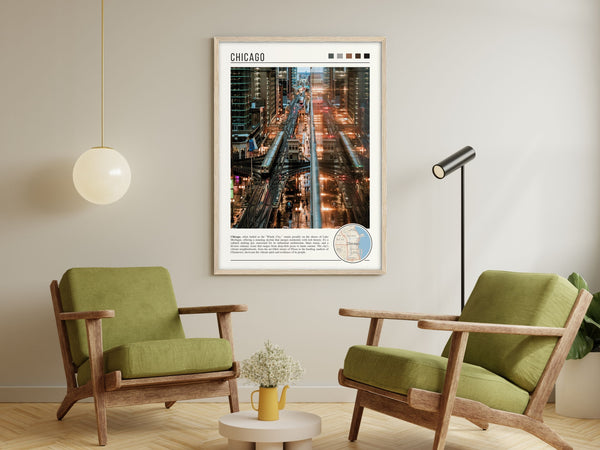 Descriptive Minimalist Chicago "L" Poster in Wooden Frame displayed in a living room with green chairs.