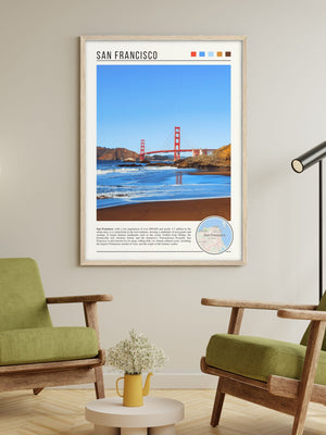 Descriptive Minimalist San Francisco Poster in Wooden Frame displayed in a living room with green chairs.