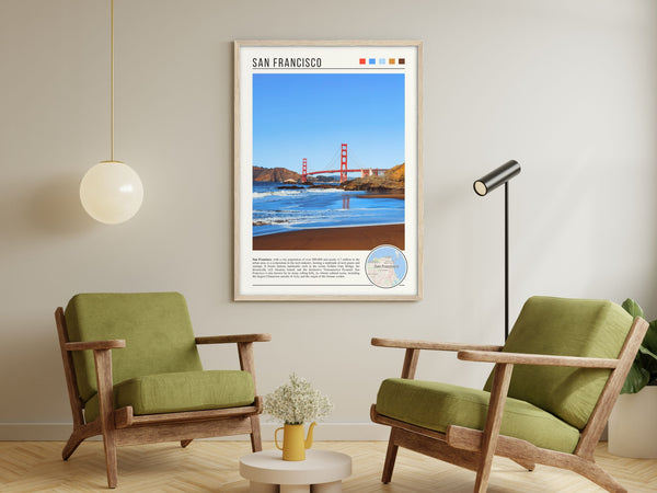 Descriptive Minimalist San Francisco Poster in Wooden Frame displayed in a living room with green chairs.