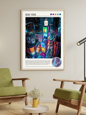 Descriptive Minimalist New York Poster in Wooden Frame displayed in a living room with green chairs.