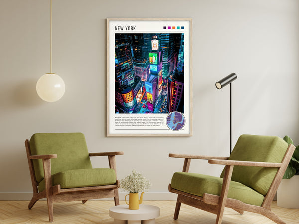 Descriptive Minimalist New York Poster in Wooden Frame displayed in a living room with green chairs.