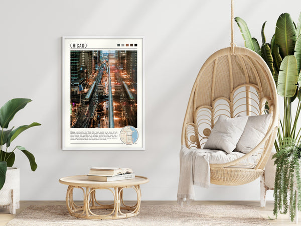 Descriptive Minimalist Chicago "L" Poster in White Frame displayed in a modern living room with a wicker chair.