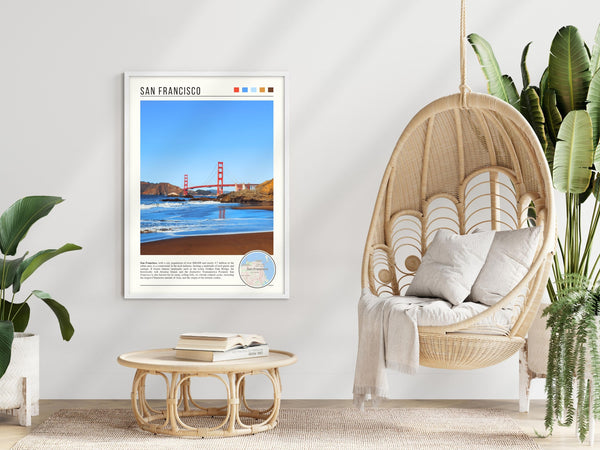 Descriptive Minimalist San Francisco Poster in White Frame displayed in a modern living room with a wicker chair.