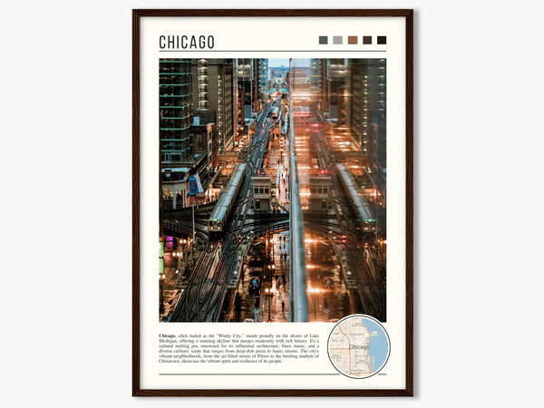 Descriptive Minimalist Chicago "L" Poster in Dark Wooden Frame