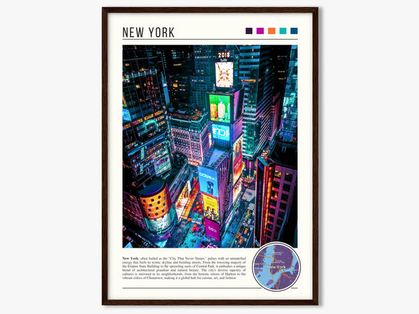 Descriptive Minimalist New York Poster in Dark Wooden Frame