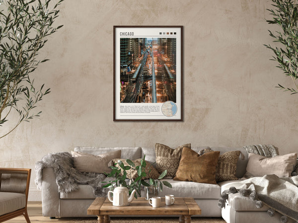 Descriptive Minimalist Chicago "L" Poster in Dark Wooden Frame displayed in a cozy living room with a beige sofa.