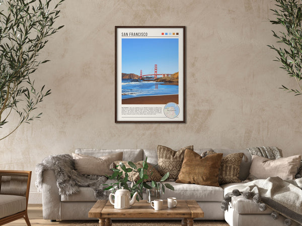 Descriptive Minimalist San Francisco Poster in Dark Wooden Frame displayed in a cozy living room with a beige sofa.