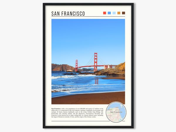 Descriptive Minimalist San Francisco Poster in Black Frame displayed in a living room with a gray armchair.