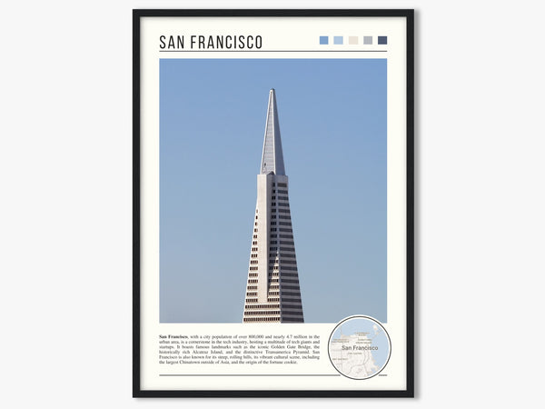 Descriptive Minimalist San Francisco Poster in Black Frame displayed in a living room with a gray armchair.