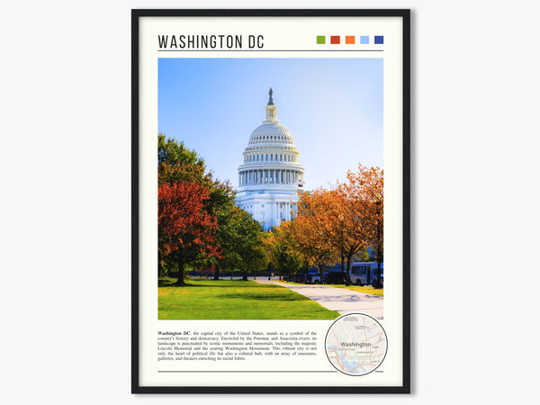 Descriptive Minimalist Washington Poster in Black Frame displayed in a living room with a gray armchair.