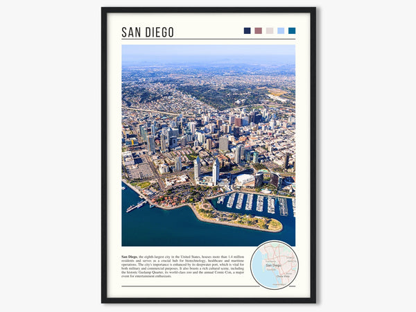 Descriptive Minimalist San Diego Poster in Black Frame displayed in a living room with a gray armchair.