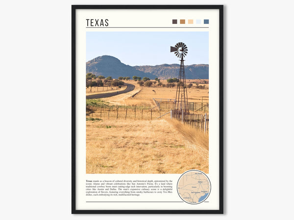 Descriptive Minimalist Texas Poster in Black Frame displayed in a living room with a gray armchair.